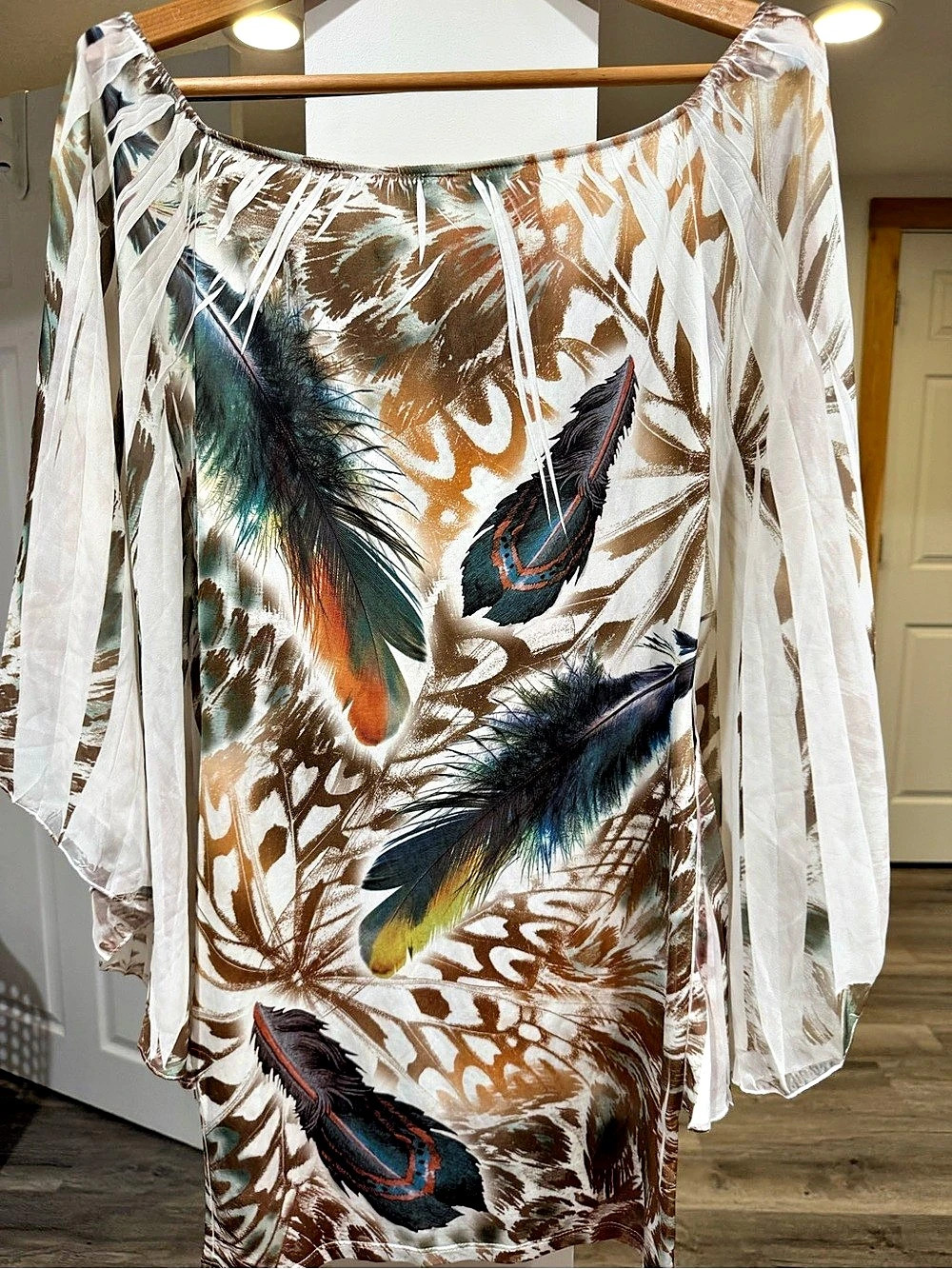 One of a kind Feather Print Blouse in White & Brown Like New